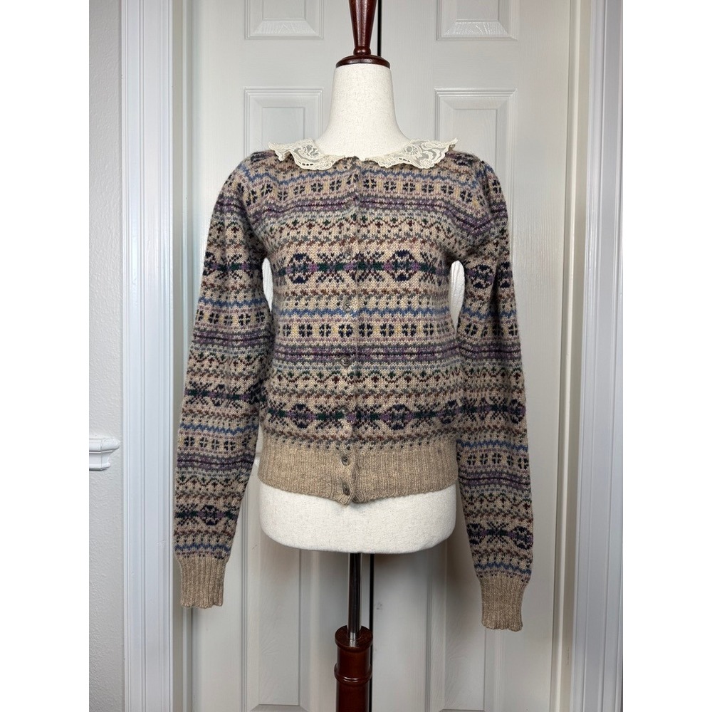 Ralph Lauren 80's Fair Isle Wool Cardigan Lace Collar Tan Blue Purple Size M
